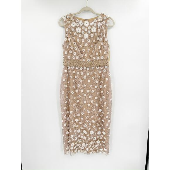 Mac Duggal 67853 Beaded Floral Applique Ivory Nude Midi Sheath Dress Size 10 NWT - Picture 3 of 9